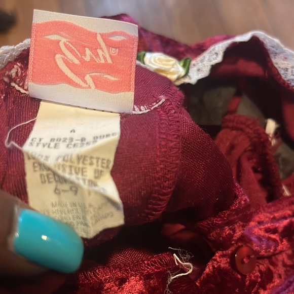 Vintage Girls Burgundy Evy Velour/Velvet Lace Jumper Jumpsuit 6-9 Months - Picture 6 of 6